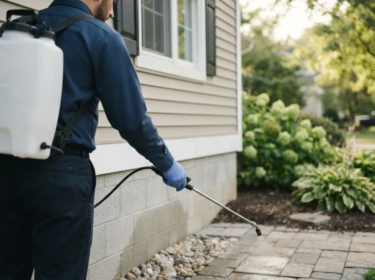 Pest control technician inspecting a home in Orestes, IN